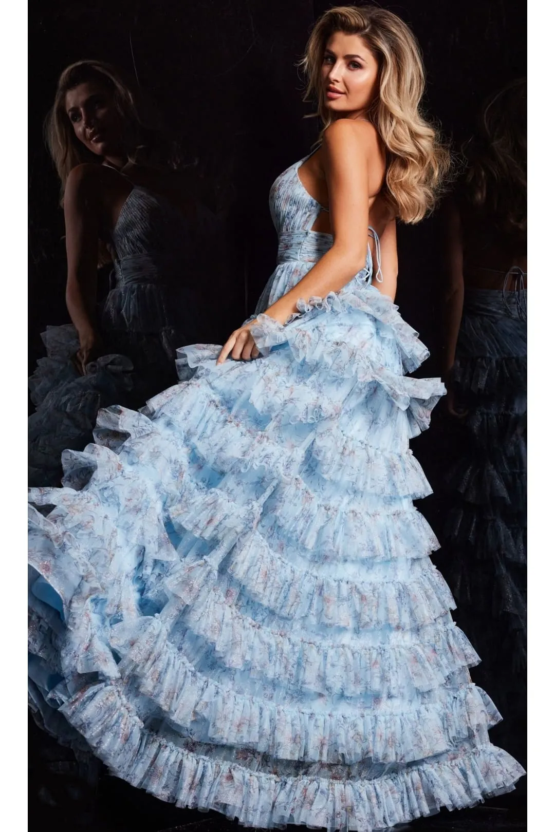 Long Print Ruffled A-Line Prom Dress: Jovani 36571