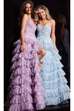 Long Print Ruffled A-Line Prom Dress: Jovani 36571