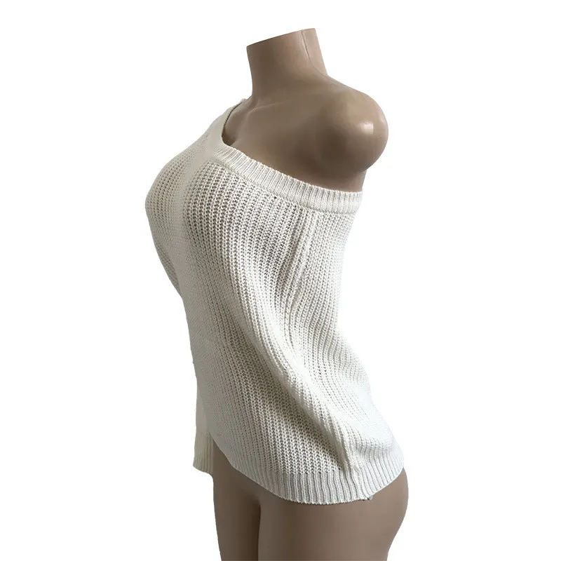 Long Sleeves Pure Color One Shoulder Regular Sweater