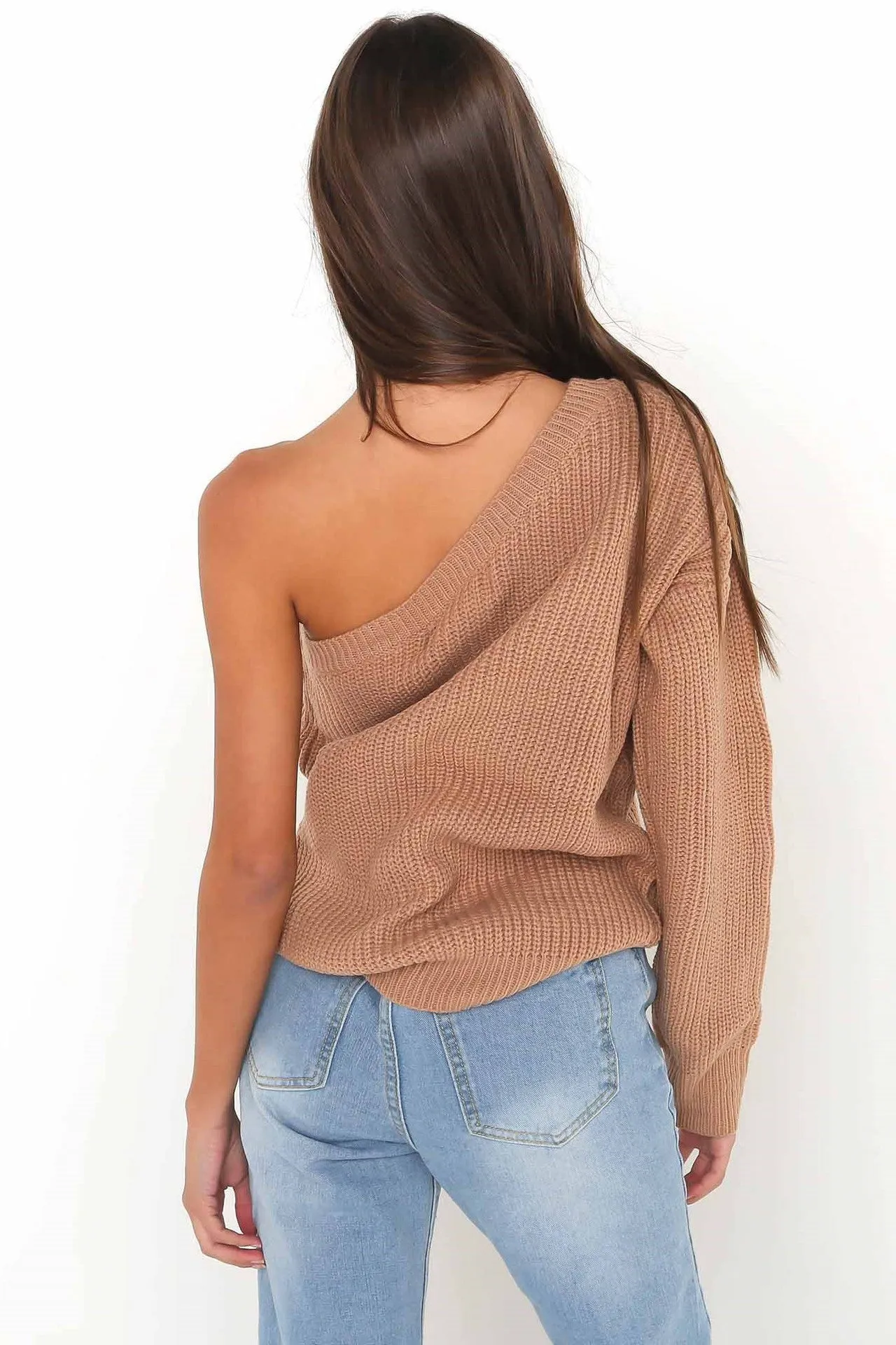 Long Sleeves Pure Color One Shoulder Regular Sweater