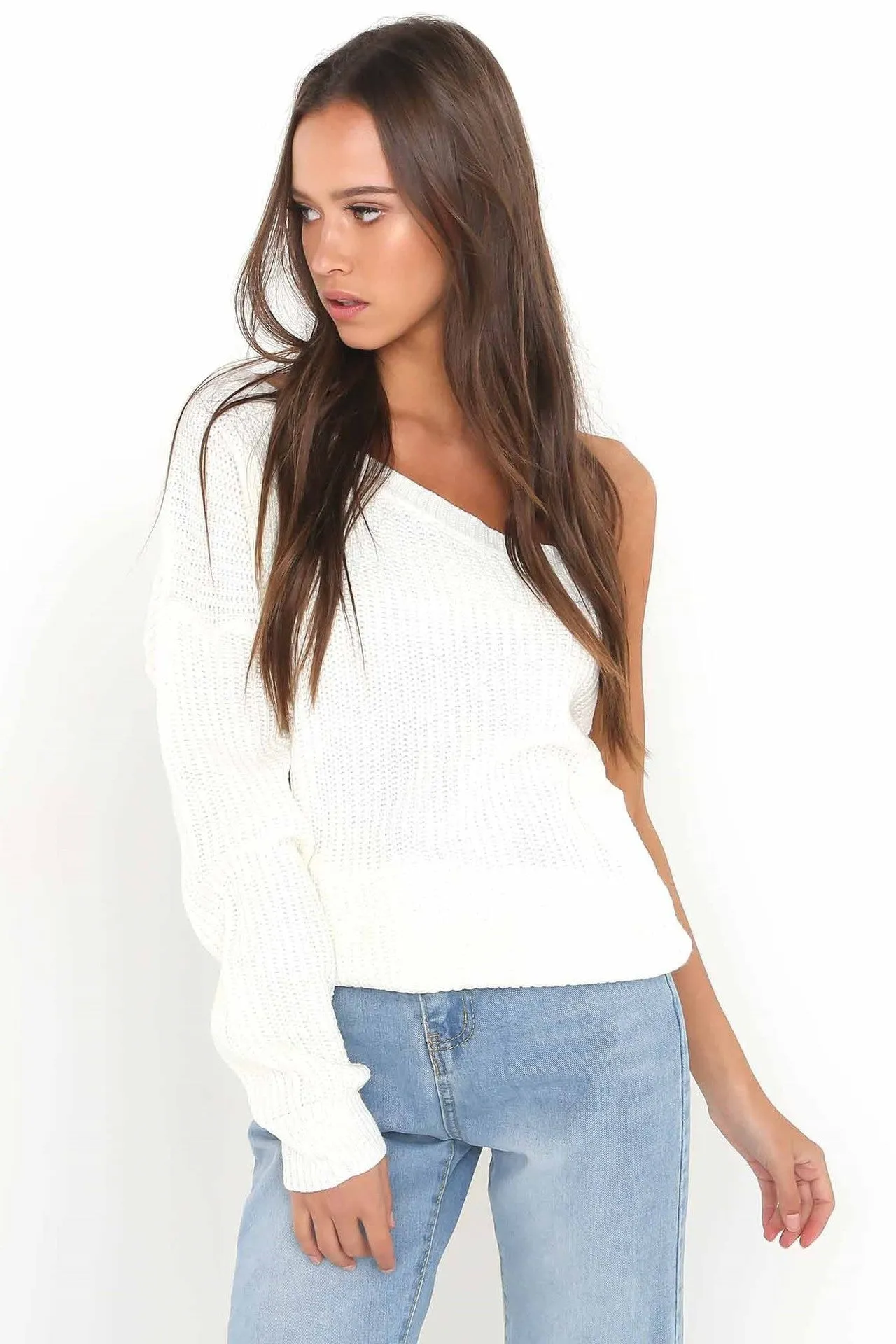 Long Sleeves Pure Color One Shoulder Regular Sweater