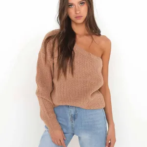 Long Sleeves Pure Color One Shoulder Regular Sweater