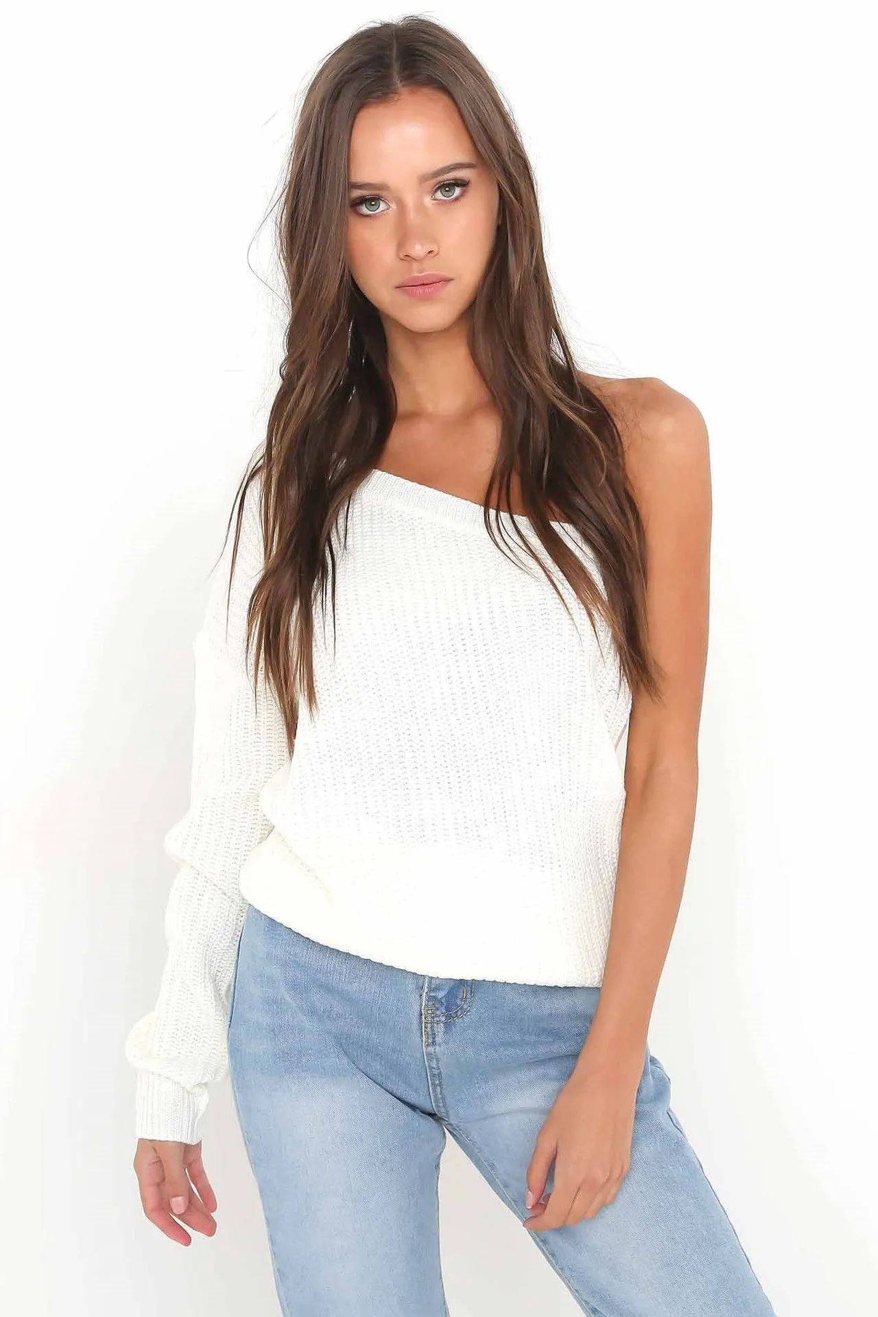 Long Sleeves Pure Color One Shoulder Regular Sweater
