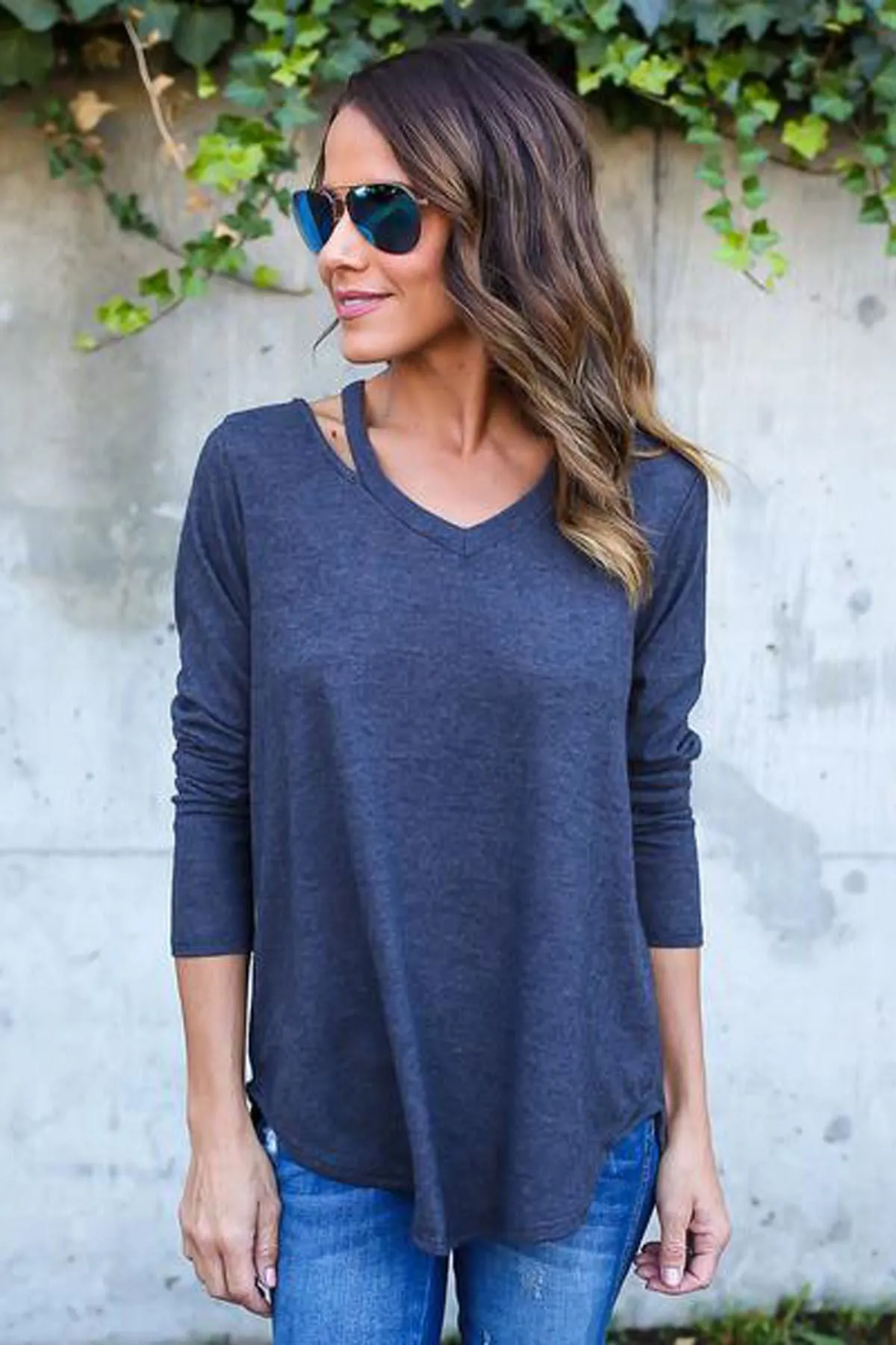 Long Sleeves V-neck Pure Color Loose Blouse Sweater