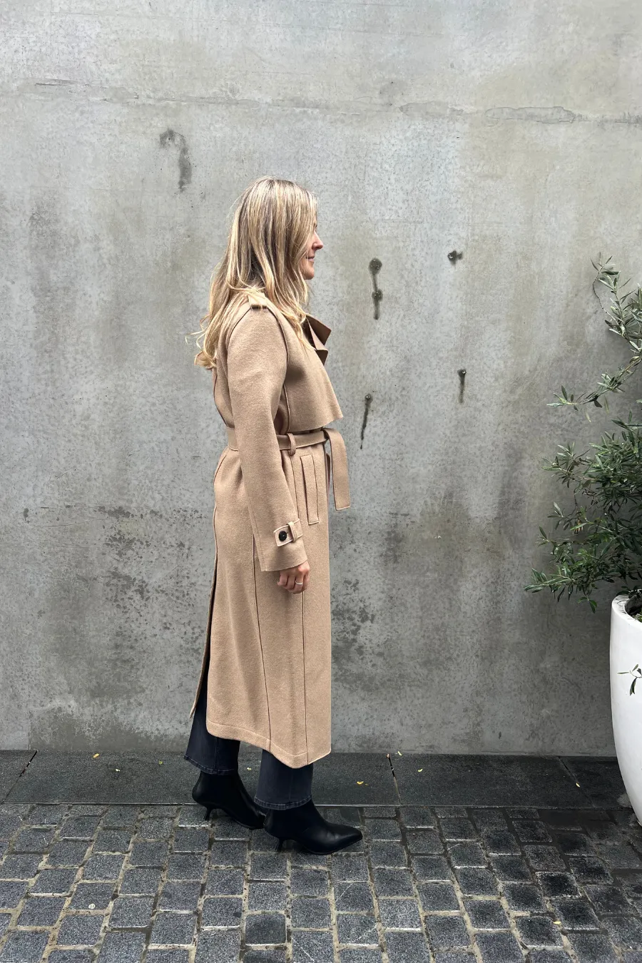 Long Trench Coat Pressed Wool Tan