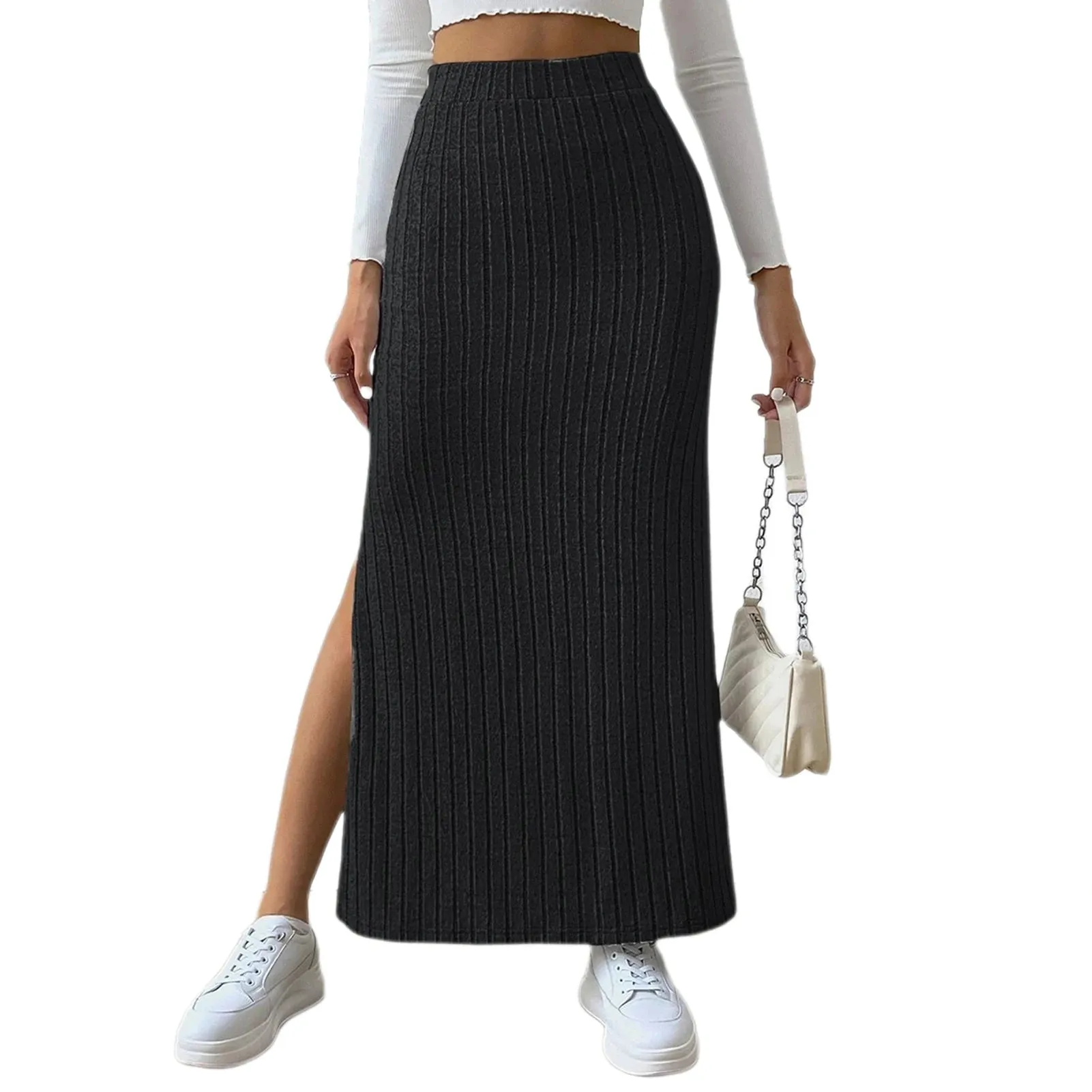 LVSANW Solid Bodycon Ruched Knitted Long Skirt Women Sexy Black Elastic Elegant High Waist Mermaid Sheath Maxi Skirts Summer Streetwear