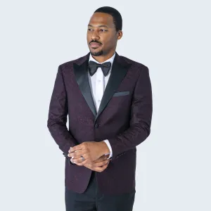 Men's Burgundy Paisley Tuxedo Jacket with Large Peak Lapel Slim Fit - Wedding - Prom
