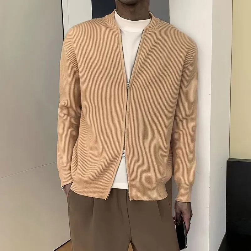 Mens Cardigan  Ribbed Knit  Double Zipper  Relaxed Fit  Long Sleeve Layering