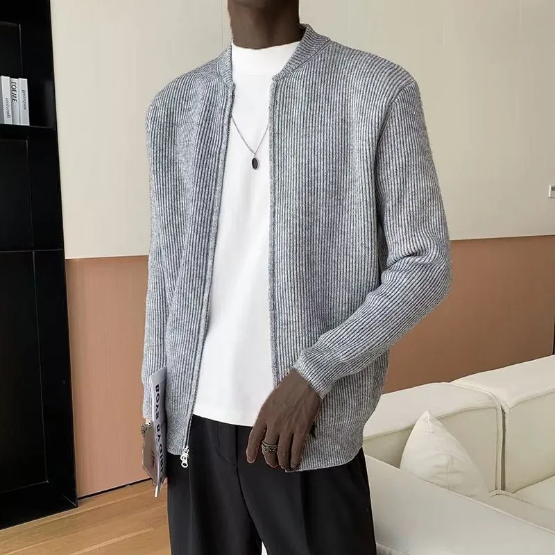 Mens Cardigan  Ribbed Knit  Double Zipper  Relaxed Fit  Long Sleeve Layering