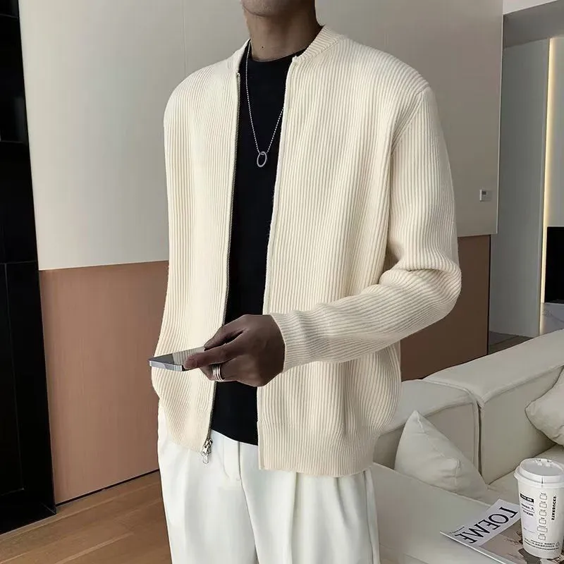 Mens Cardigan  Ribbed Knit  Double Zipper  Relaxed Fit  Long Sleeve Layering