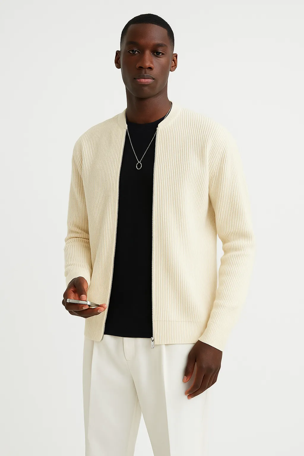 Mens Cardigan  Ribbed Knit  Double Zipper  Relaxed Fit  Long Sleeve Layering