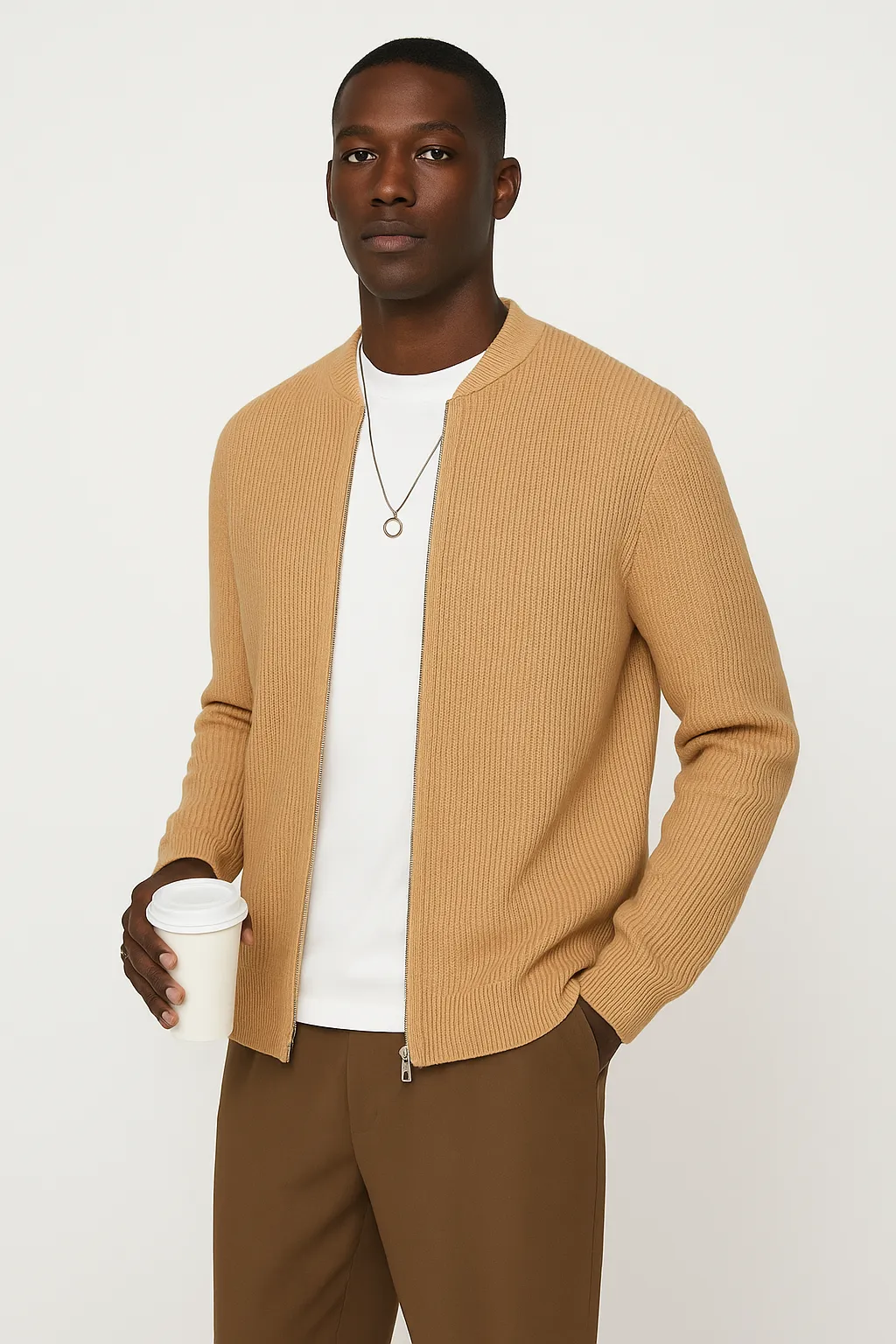 Mens Cardigan  Ribbed Knit  Double Zipper  Relaxed Fit  Long Sleeve Layering