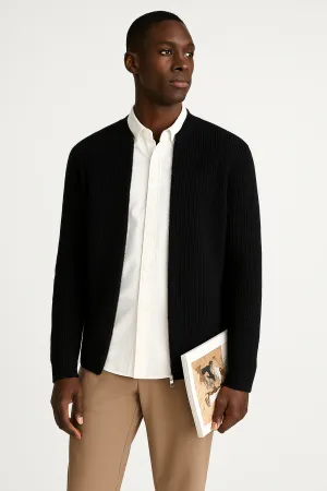 Mens Cardigan  Ribbed Knit  Double Zipper  Relaxed Fit  Long Sleeve Layering