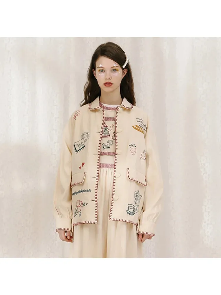 Metaversmall Pattern Embroidery Harakuju Women Jackets Long Sleeve Turndwon Collar Coats Single-breasted Casual Preppy Style Outerwear Tops