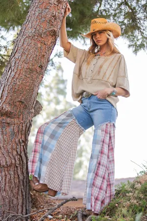 Plaid Mix Washed Denim  Pants BB