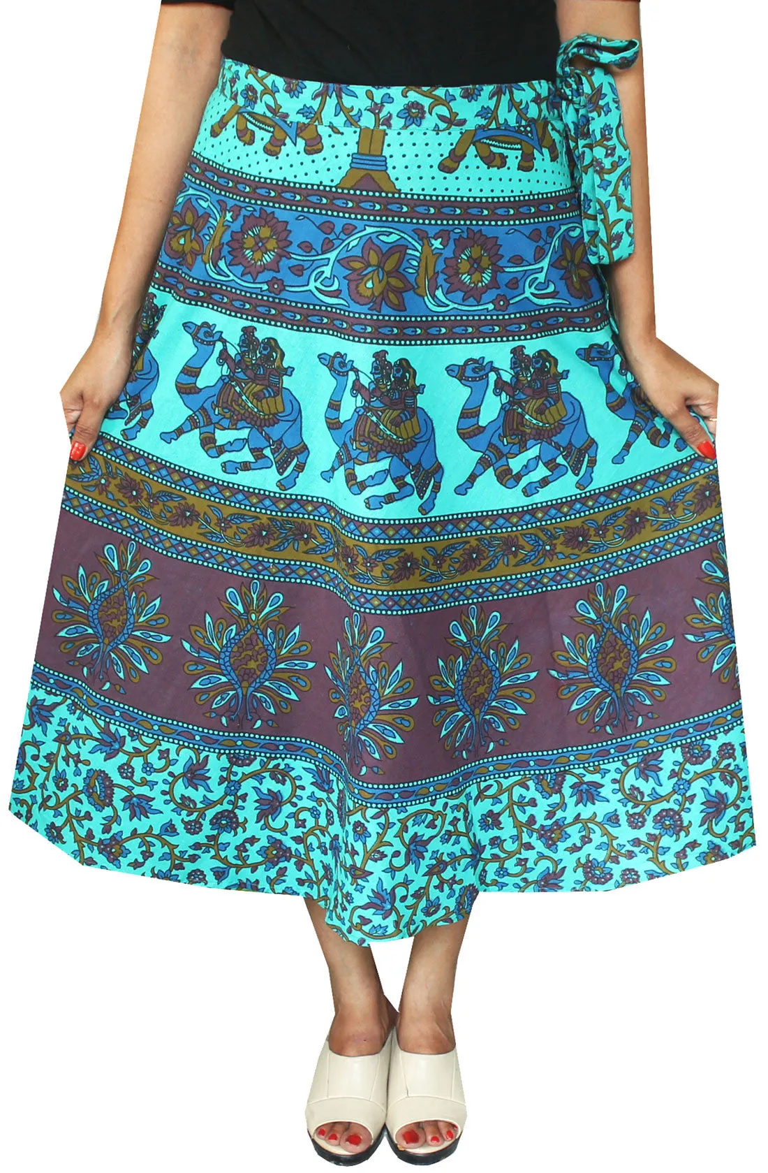 Printed Cotton Long Wrap Skirt from India (Blue)