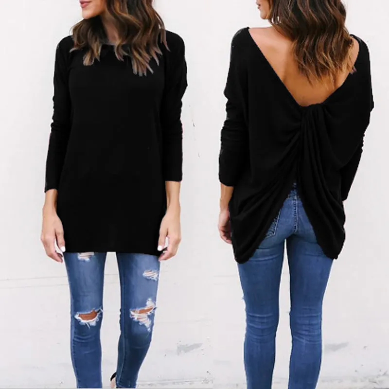 Pure Color Backless Long Sleeves Scoop Long Sweater