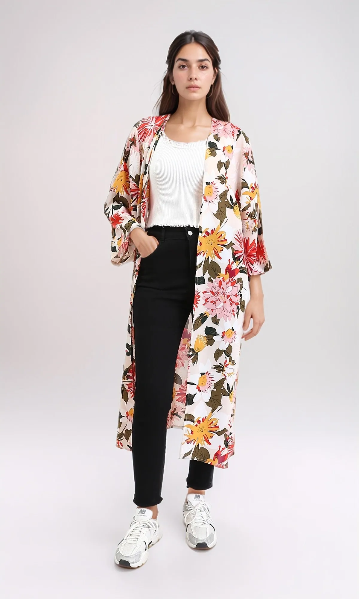 R210706 - Open Neckline Colorful Floral Cardigan - Simon & Orange