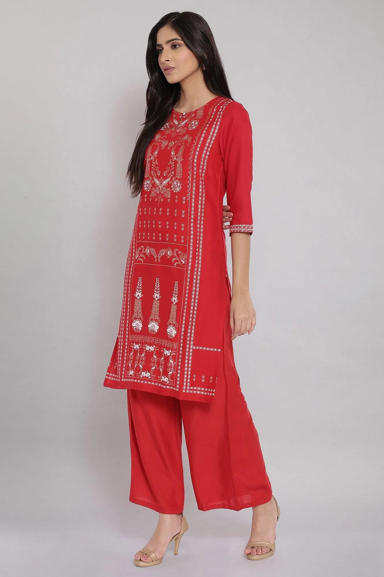 Red Geometric Printed kurta And Parallel Pants Set