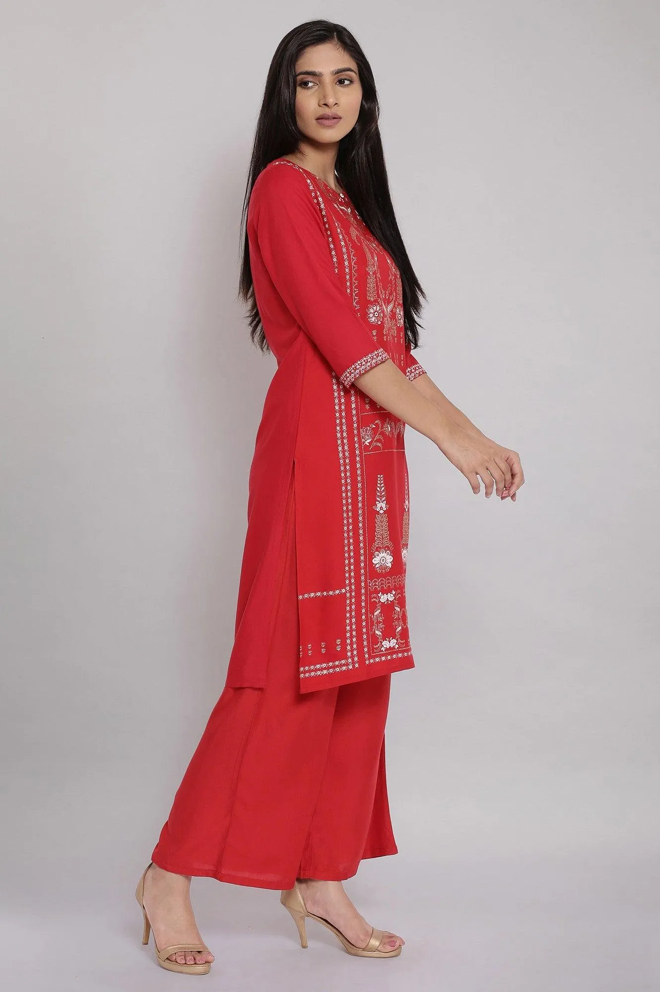 Red Geometric Printed kurta And Parallel Pants Set