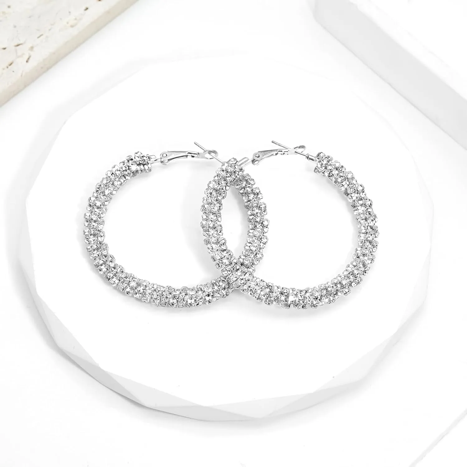 Ronglry Rhinestone Hoop Earrings for Women Glitter Hoop Earrings Bohemian Silver Sparkle Earrings Hoop Dangle Earrings for Women Large Hoop Earrings Crystal Party Earrings Prom Formal Jewelry