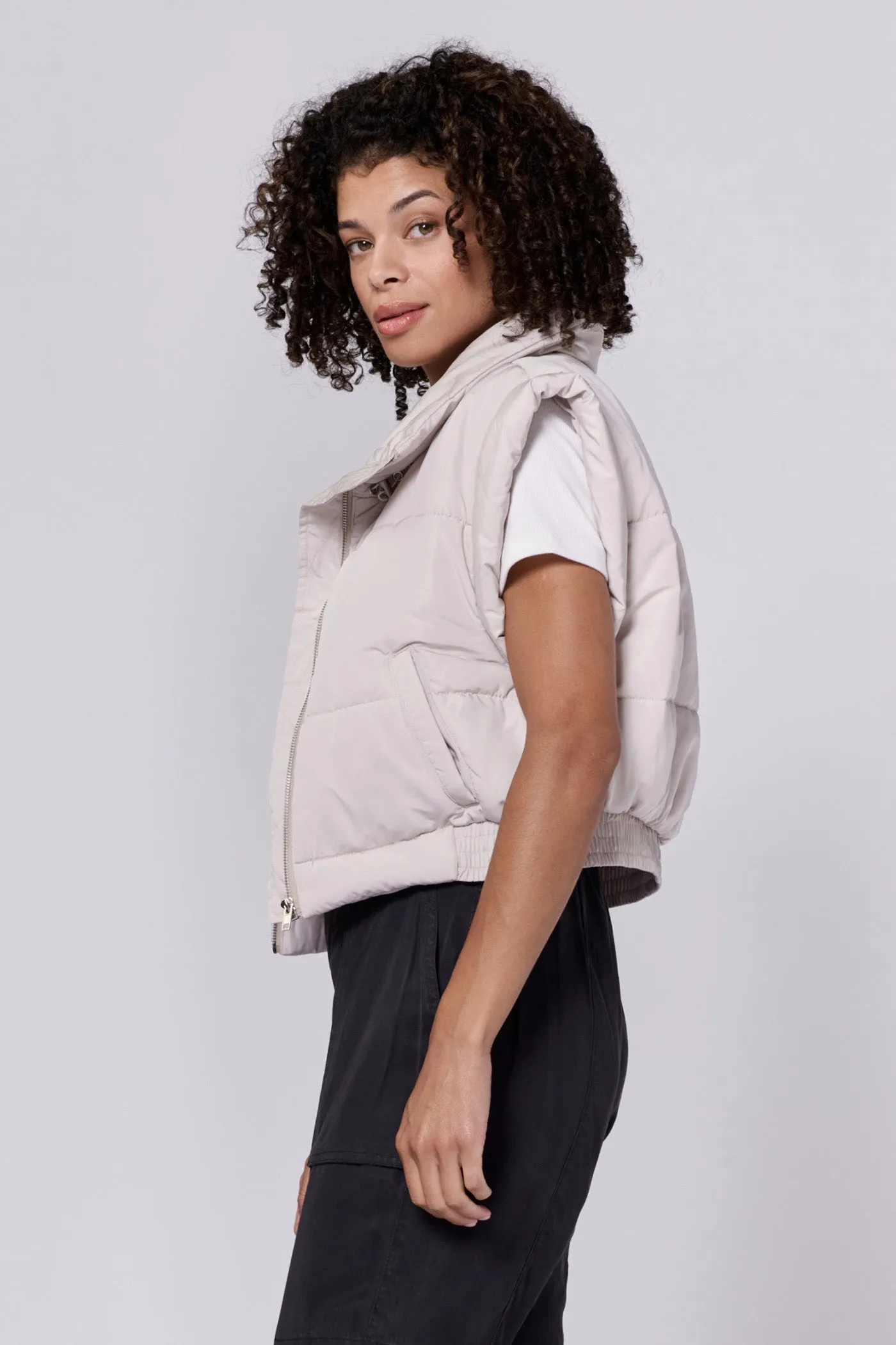ROSALIA ZIPPER FRONT SLEEVELESS CROPPED FIT VEST STONE