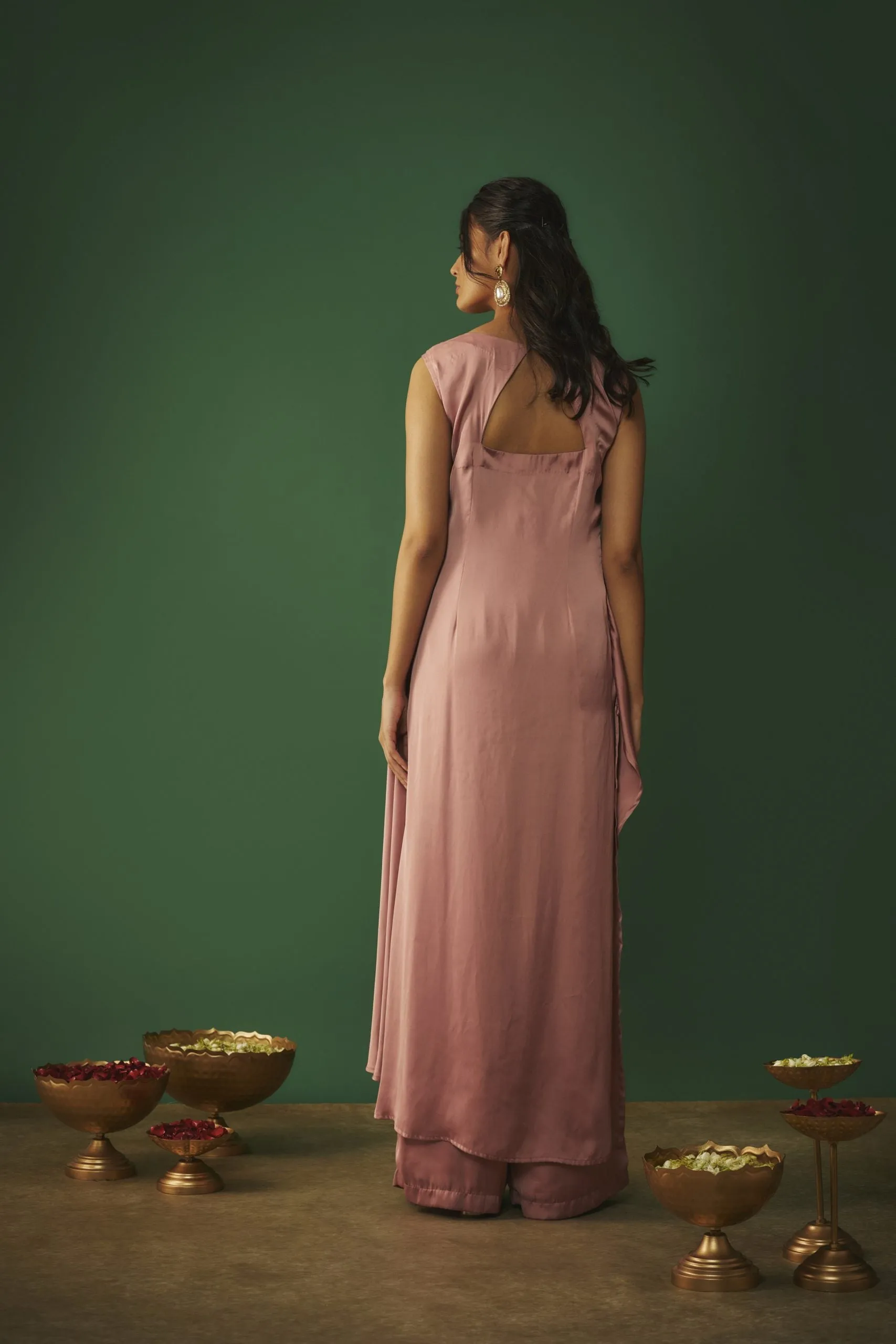ROSE PINK EMBROIDERED ASYMMTRICAL KURTA AND PANTS SET