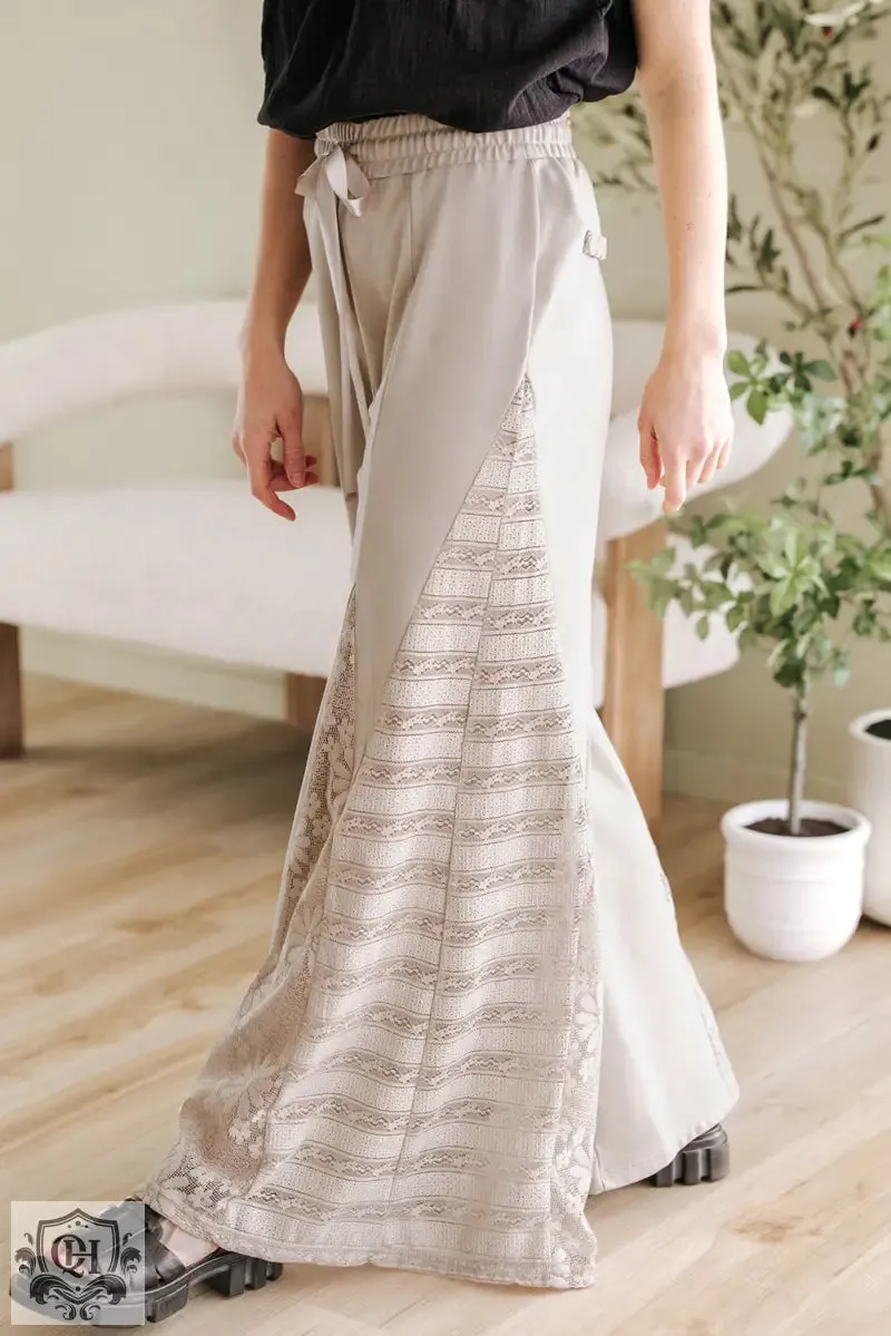 Smoke Gray Boho Lace Patchwork Wide Leg High Waist Pants