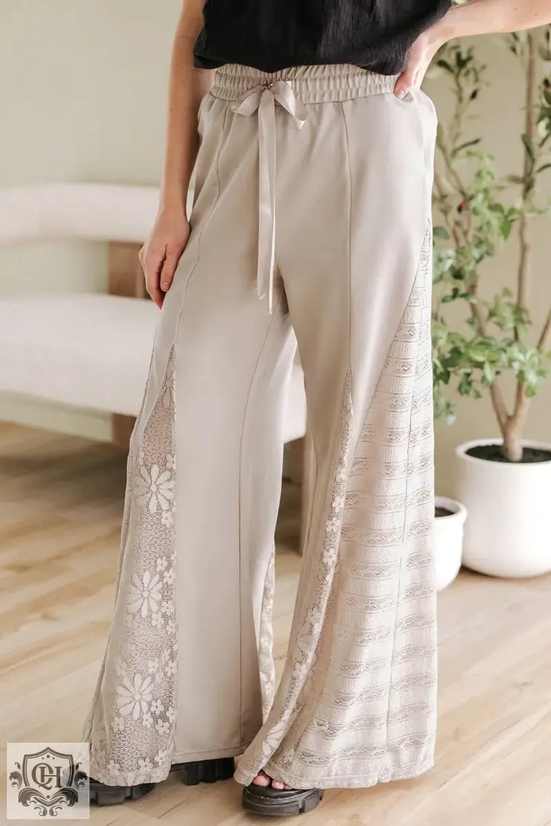 Smoke Gray Boho Lace Patchwork Wide Leg High Waist Pants