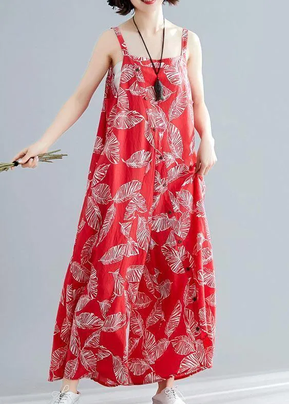 stylish red print cotton carpenter pants loose asymmetric button jumpsuit pants