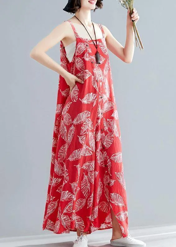 stylish red print cotton carpenter pants loose asymmetric button jumpsuit pants