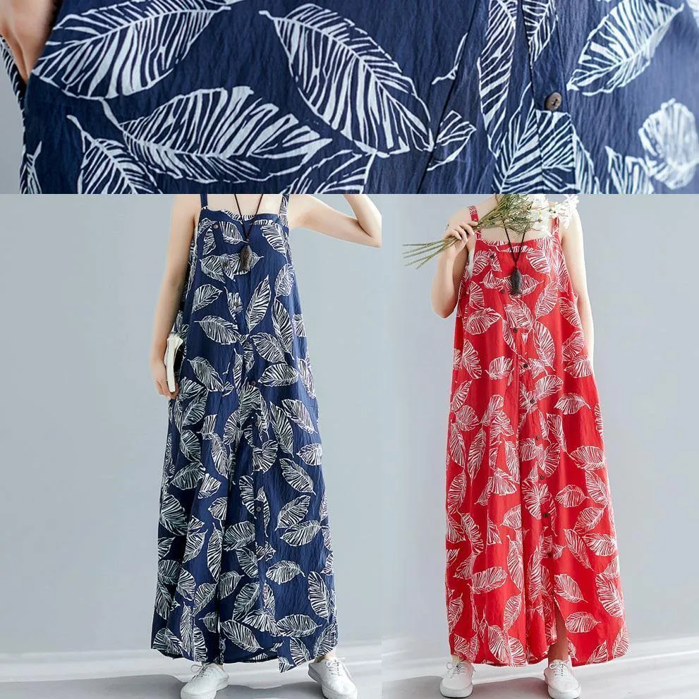 stylish red print cotton carpenter pants loose asymmetric button jumpsuit pants