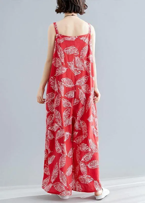 stylish red print cotton carpenter pants loose asymmetric button jumpsuit pants
