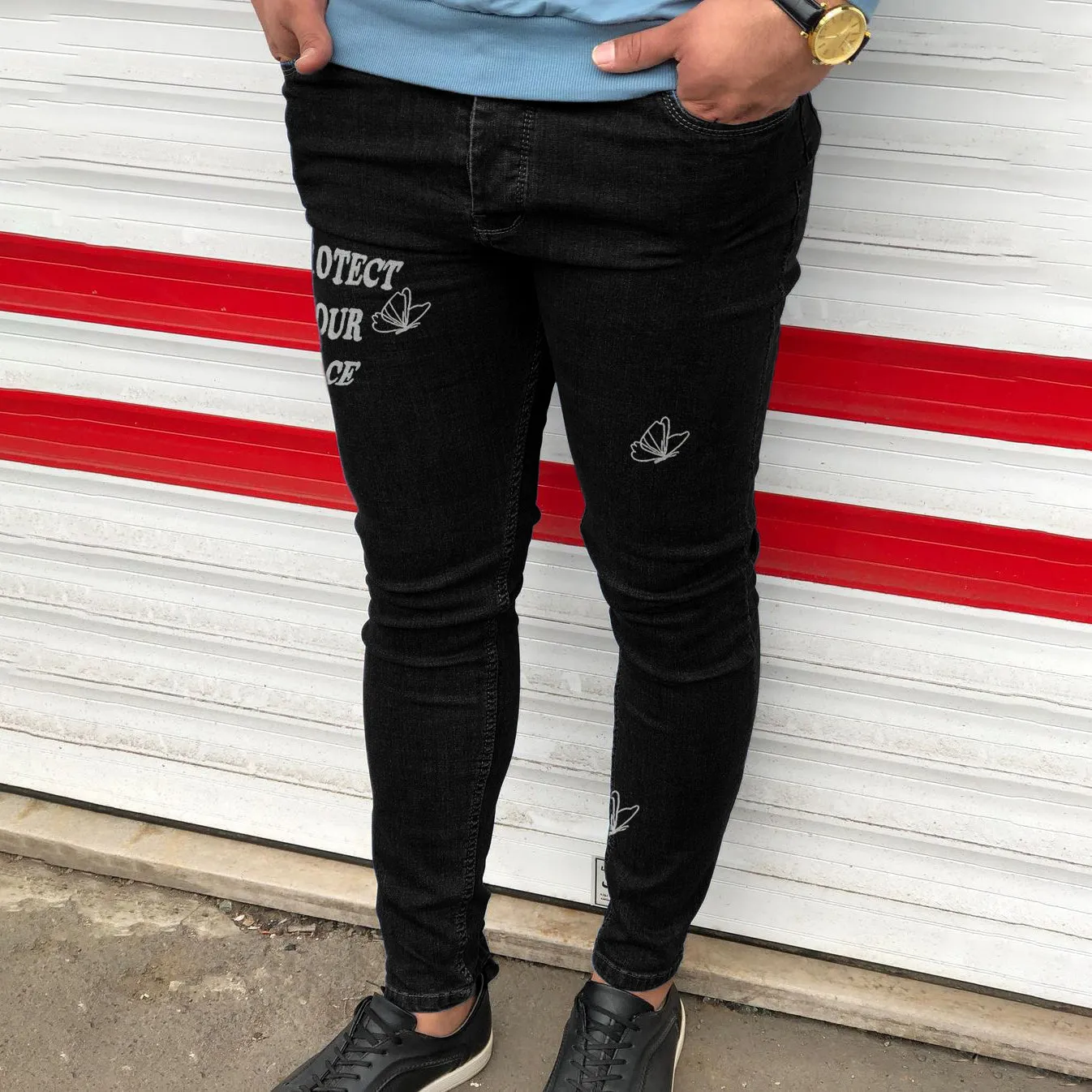 Stylish Street Style Butterfly Print Pencil Jeans