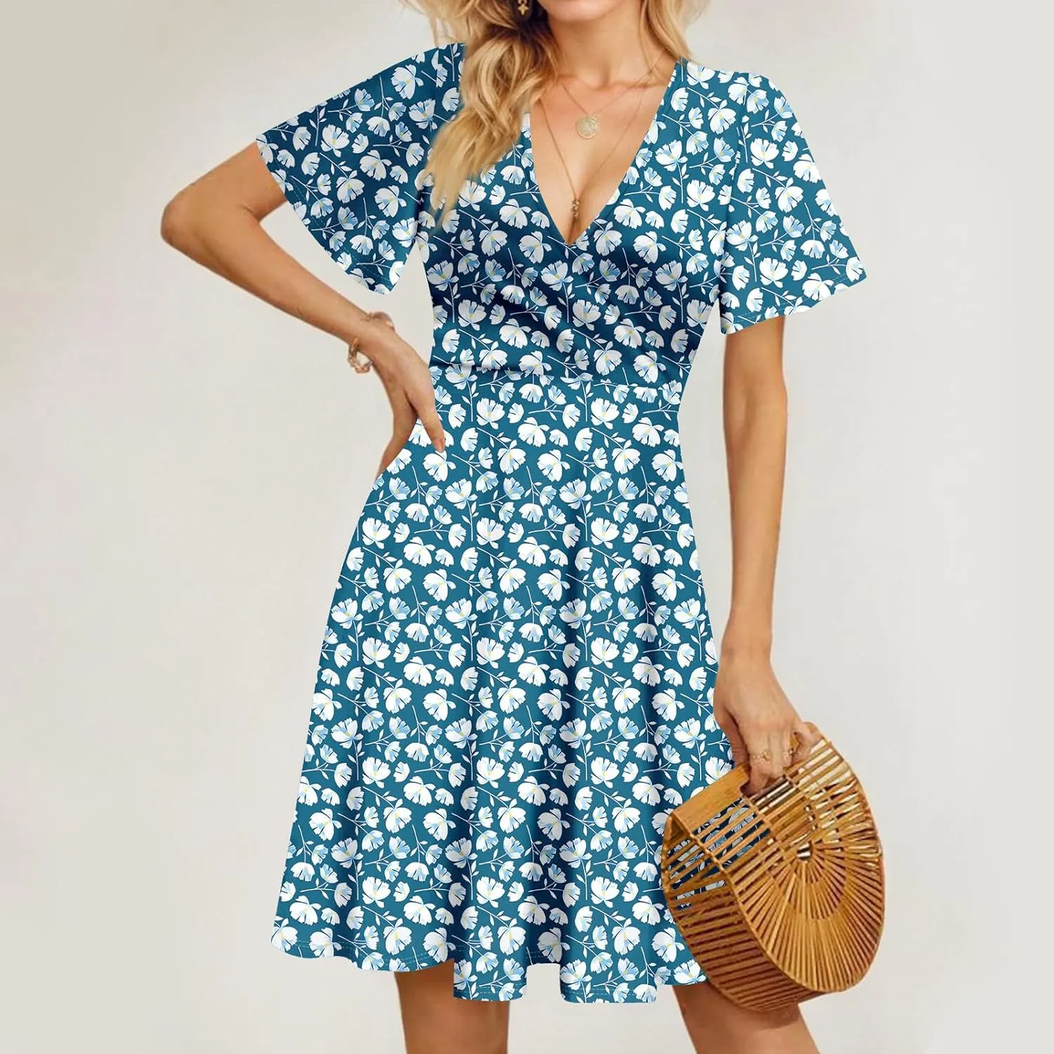Summer Dresses for Women 2025 Casual Sun Dresses Short Sleeve v Neck Beach Vacation midi Dresses with Pockets