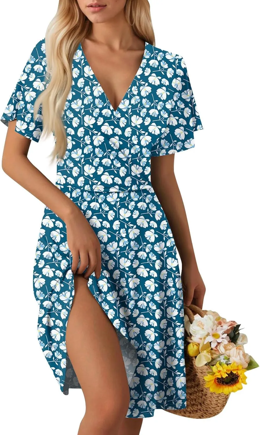 Summer Dresses for Women 2025 Casual Sun Dresses Short Sleeve v Neck Beach Vacation midi Dresses with Pockets