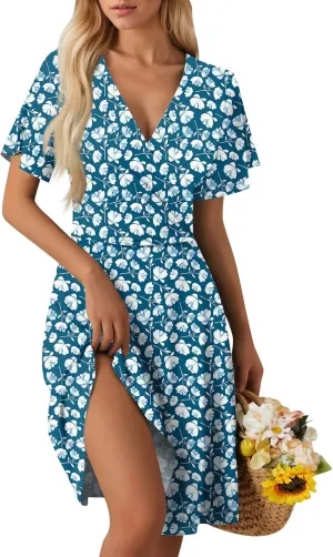 Summer Dresses for Women 2025 Casual Sun Dresses Short Sleeve v Neck Beach Vacation midi Dresses with Pockets