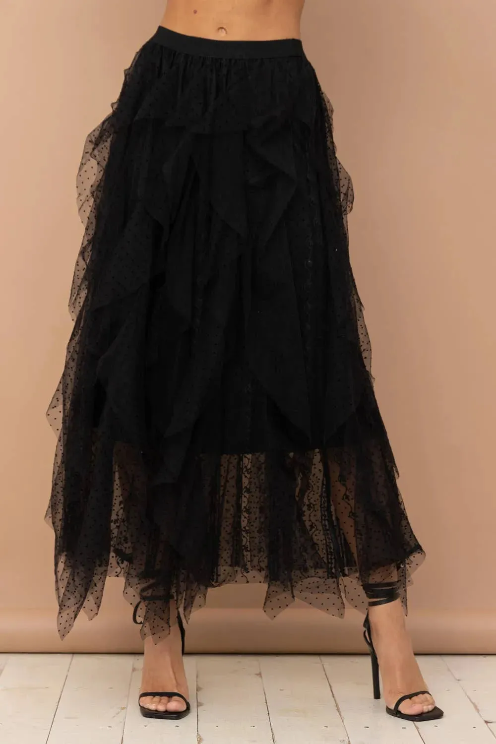 Swiss Dot Tulle Mesh Ruffle Maxi Skirt