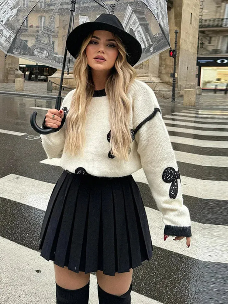 TAVIMART  -  Cute Bow Rhinestone Knitted Women's Pullover Casual Loose Round Neck Long Sleeve Sweater Fashion Soft Comfortable Sweaters