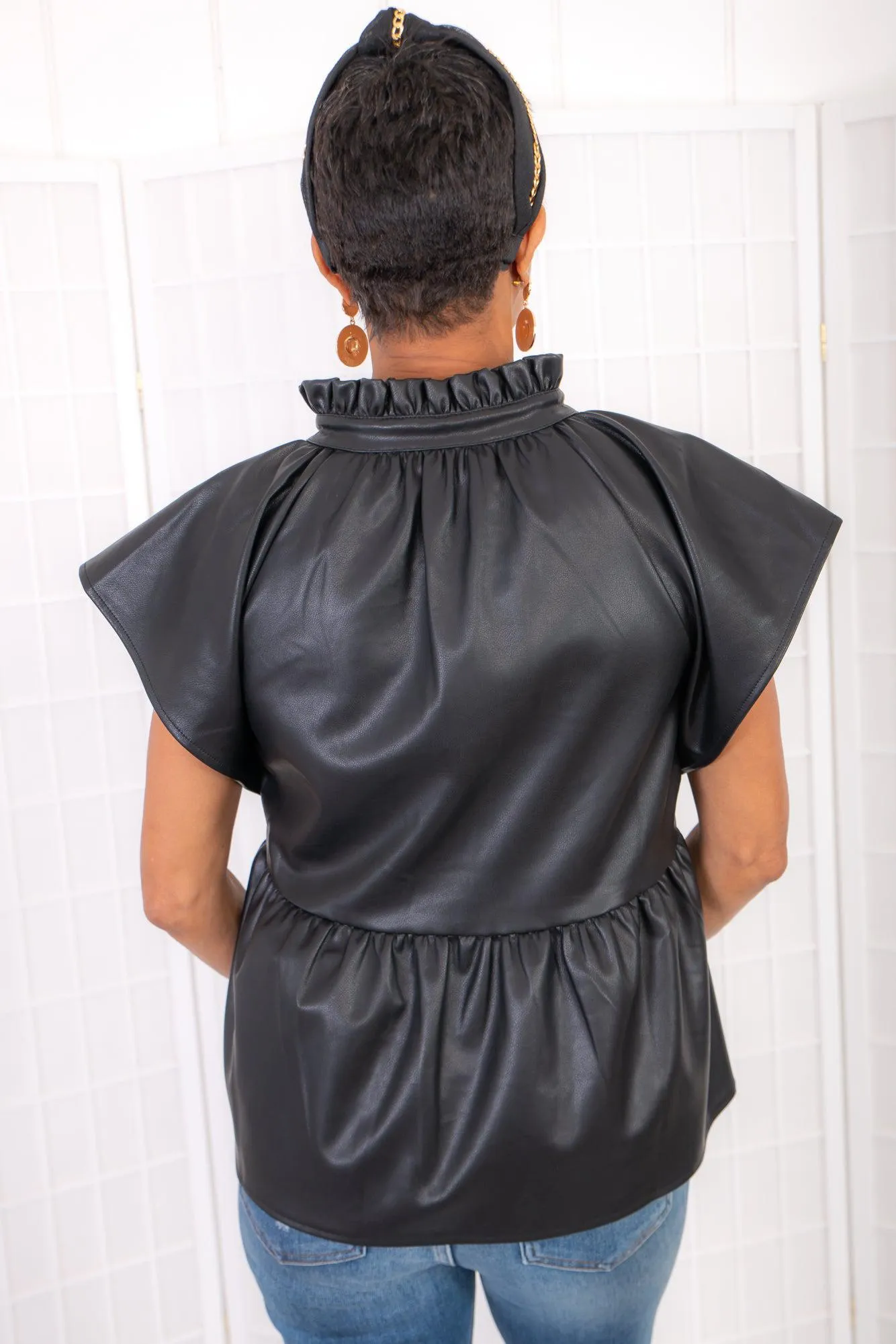 THML Peplum Black Leather Top