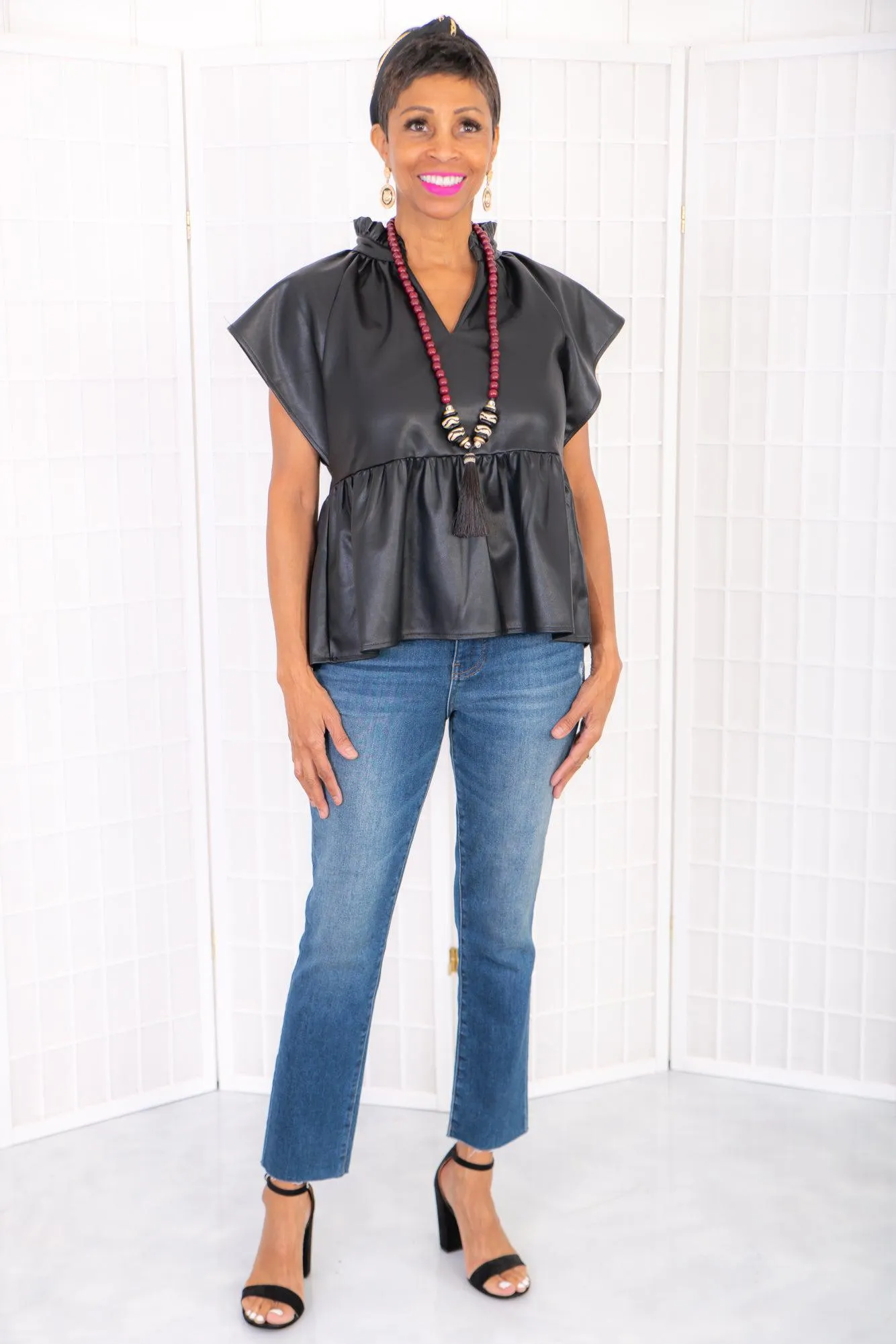 THML Peplum Black Leather Top
