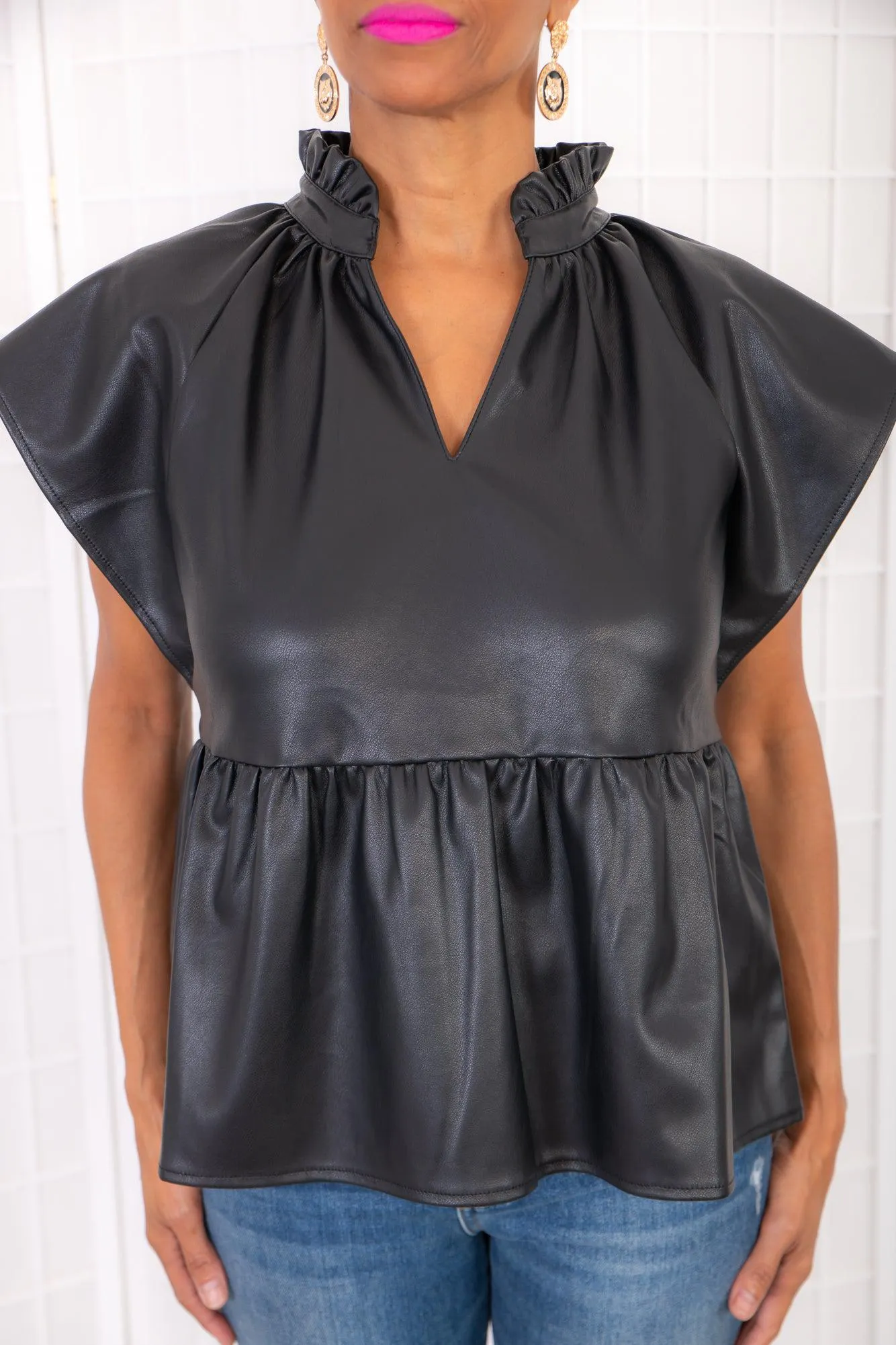 THML Peplum Black Leather Top