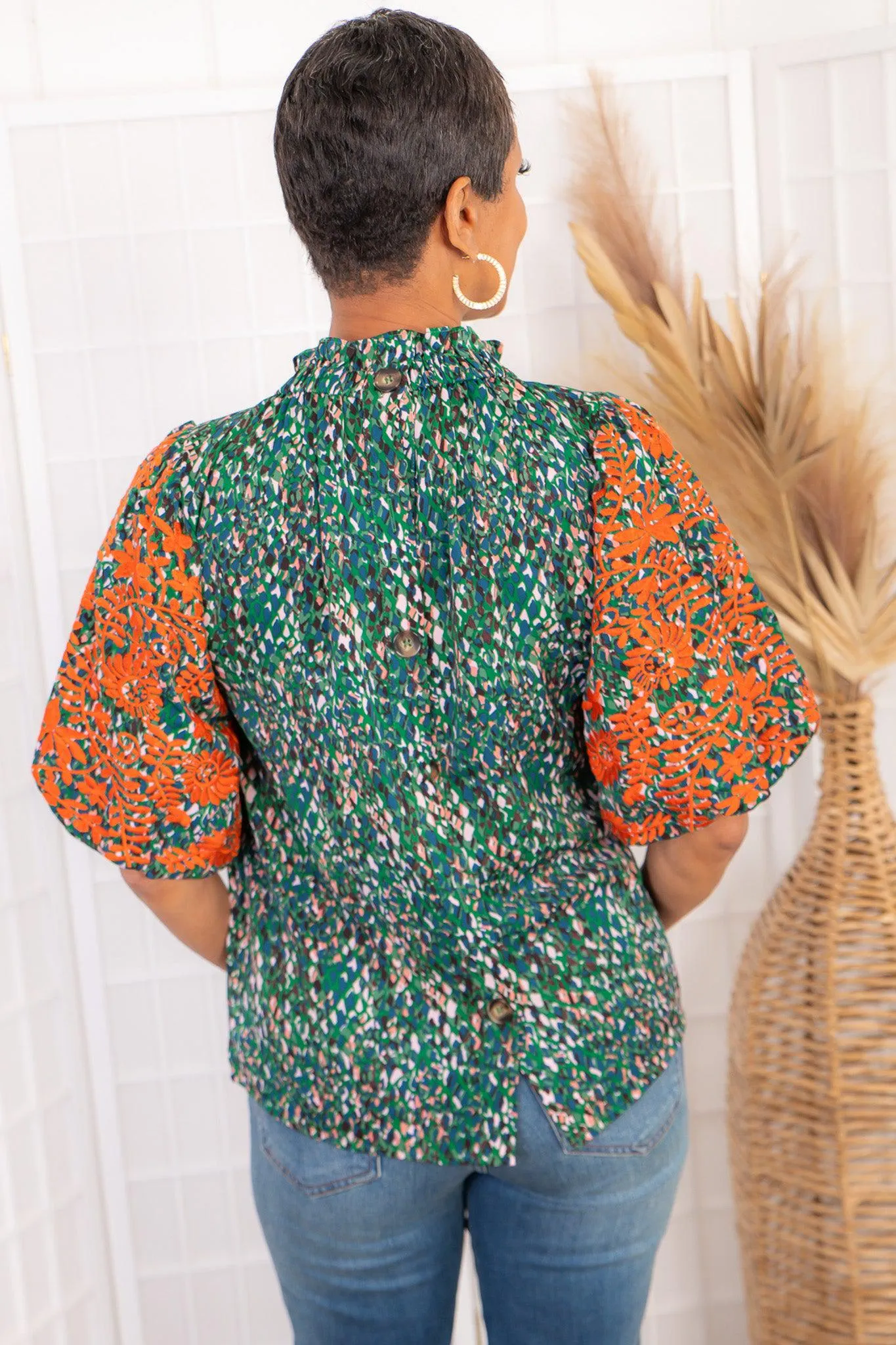 THML Say It All Green Floral Puff Sleeve Embroidered Blouse