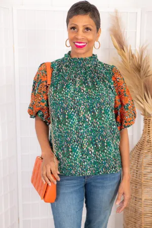 THML Say It All Green Floral Puff Sleeve Embroidered Blouse