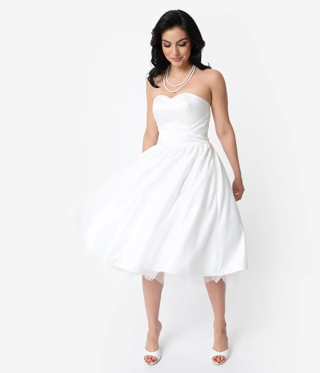 Unique Vintage x Dolly Couture White Satin Tea Length Brooklyn Bridal Dress