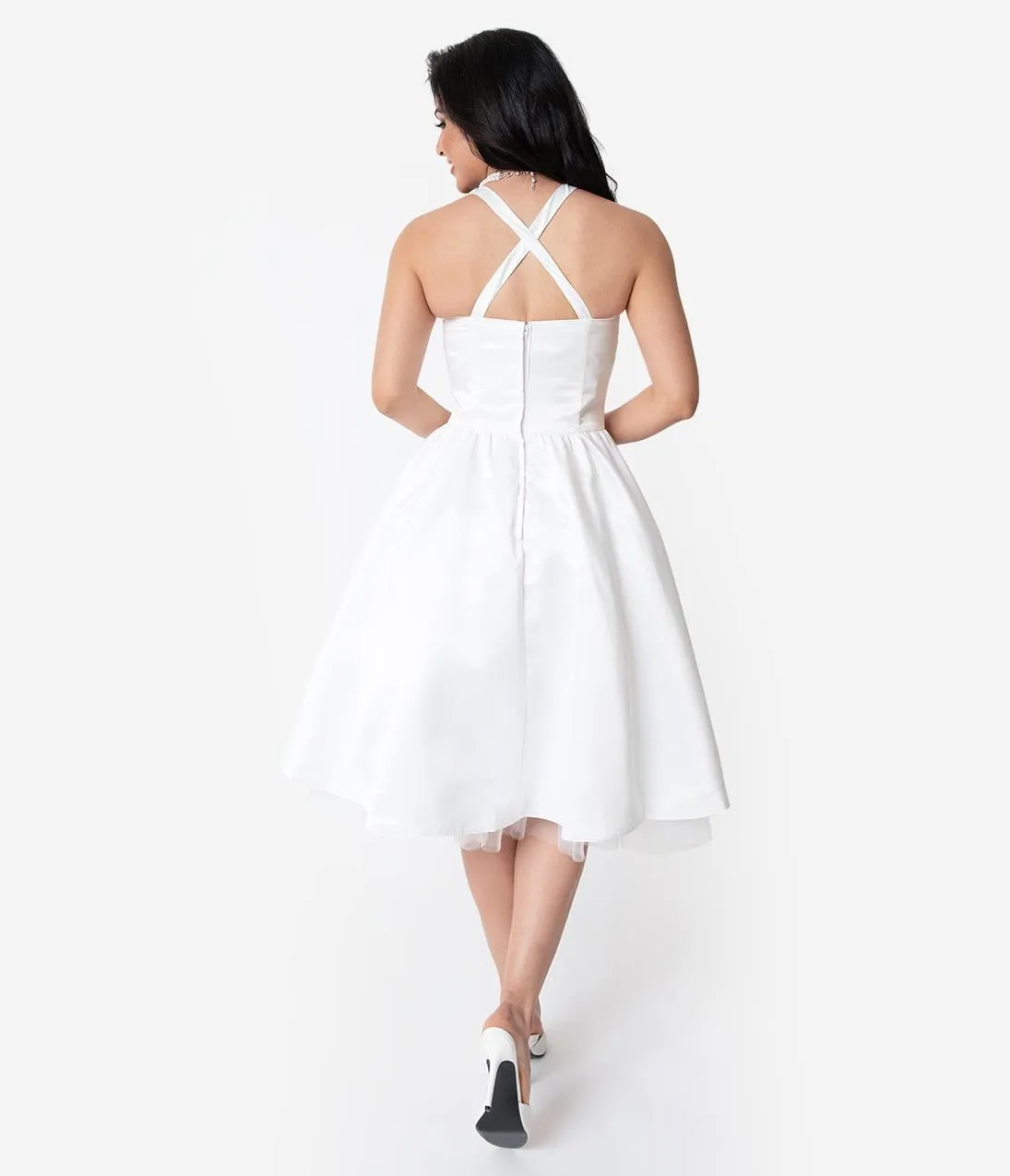 Unique Vintage x Dolly Couture White Satin Tea Length Brooklyn Bridal Dress