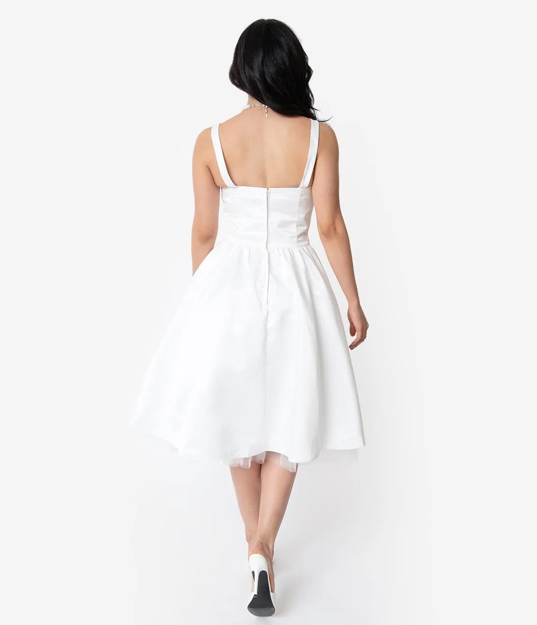 Unique Vintage x Dolly Couture White Satin Tea Length Brooklyn Bridal Dress