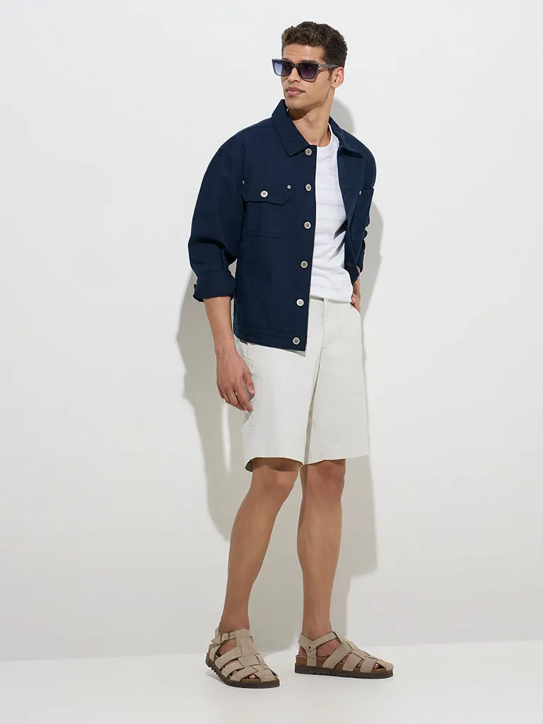 WES Casuals Navy Solid Relaxed-Fit Cotton Jacket