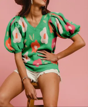 Women's Floral Pattern puff sleeve sweater (Green)