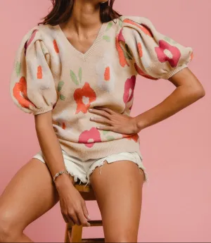 Women's Floral Pattern puff sleeve sweater (Oatmeal)